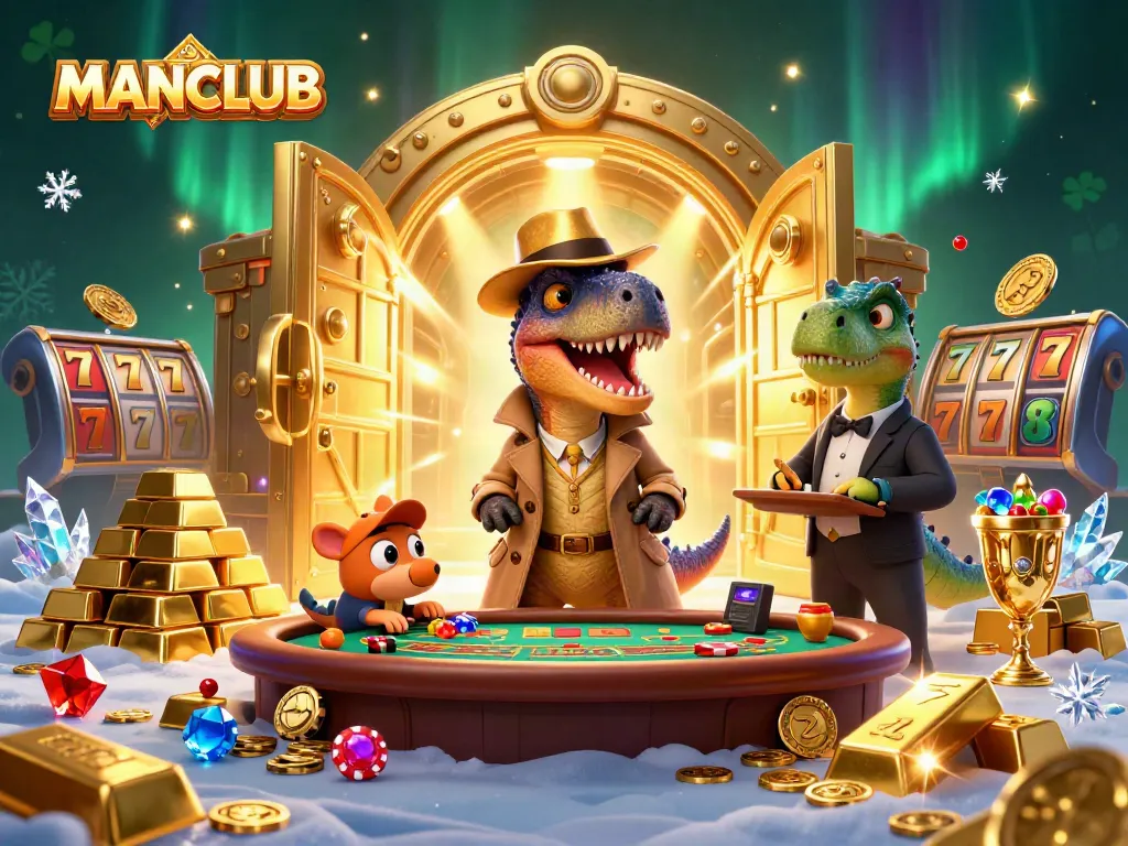 Experience MANCLUB with a velociraptor card counter at a lively blackjack table surrounded by shining treasures.