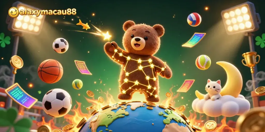 Experience the magic of asia's premier online gaming platform galaxymacau88 as golden coins fly amidst vibrant sports elements.