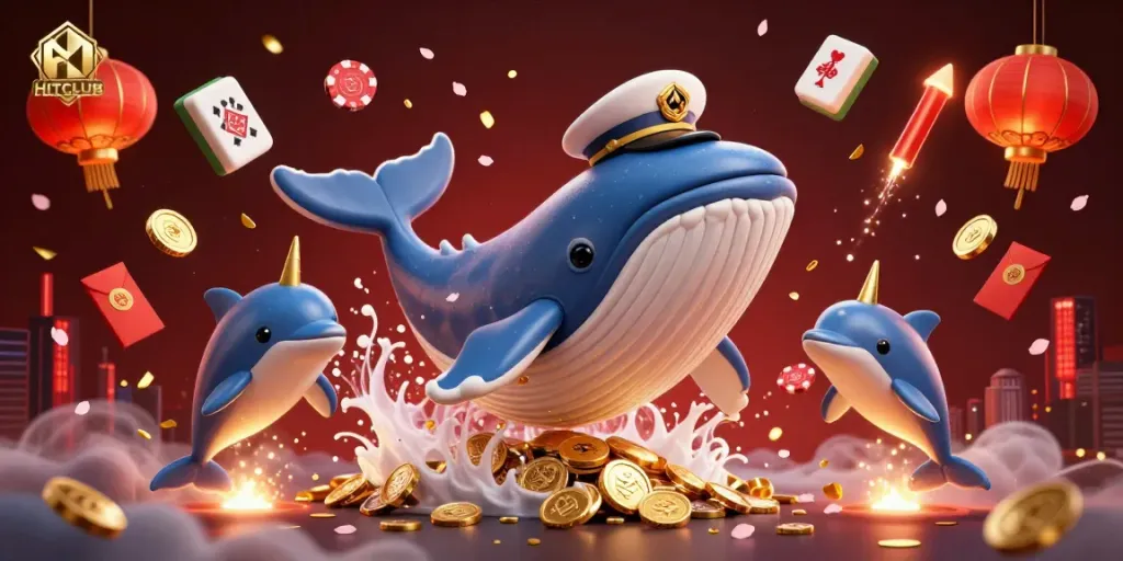 Experience the excitement at HITCLUB with animated whale, narwhal, and dolphins in a vibrant casino-themed illustration.
