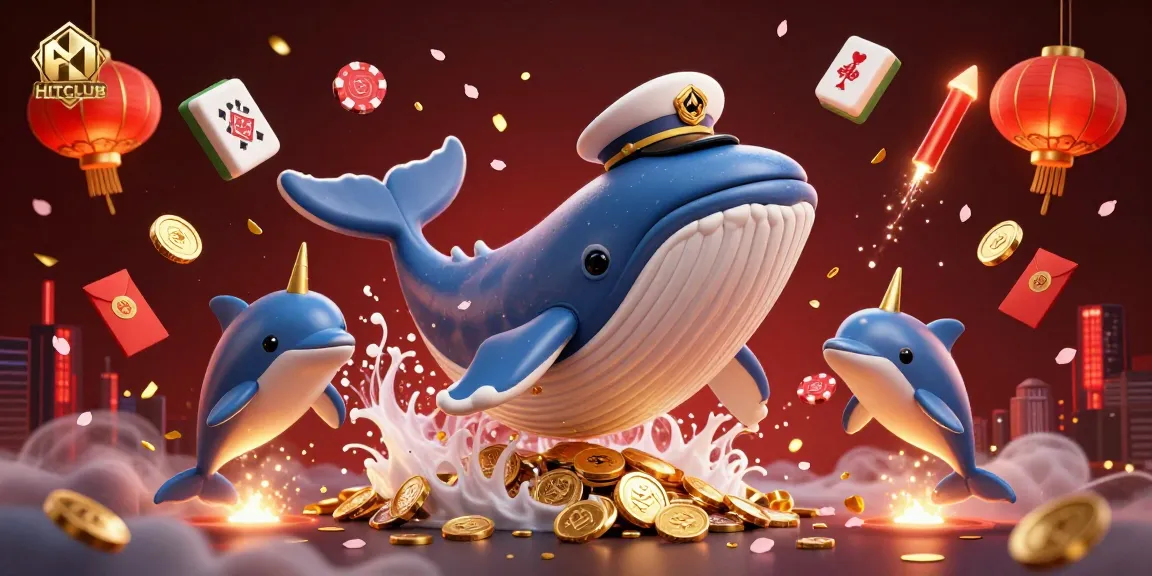 Experience the excitement at HITCLUB with animated whale, narwhal, and dolphins in a vibrant casino-themed illustration.