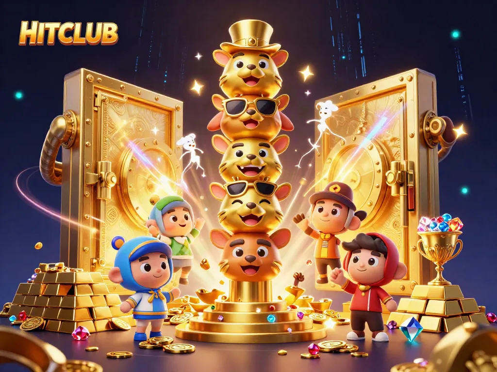 Engage with HITCLUB's thrilling gaming world featuring a dynamic golden totem and treasure.