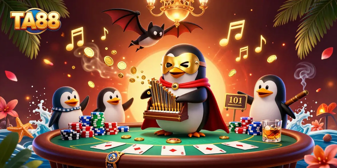 TA88 offers an immersive experience with a cartoon penguin in a casino scene filled with poker elements and exciting visuals.