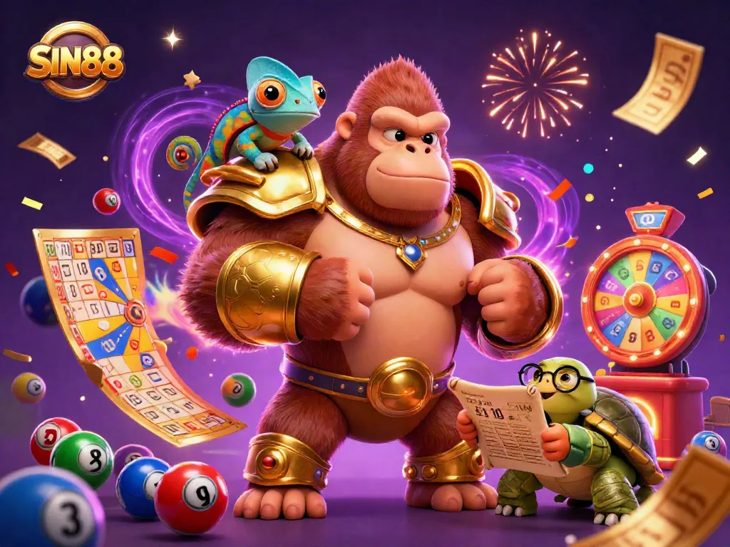 Engage with SIN88's vibrant online casino atmosphere adorned with dynamic lottery balls and gaming elements.