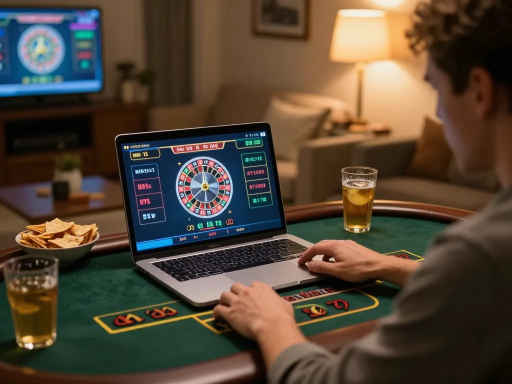 Player engages with nhà cái rr88, enjoying a roulette game on a laptop while sipping a drink, highlighting online gaming entertainment.