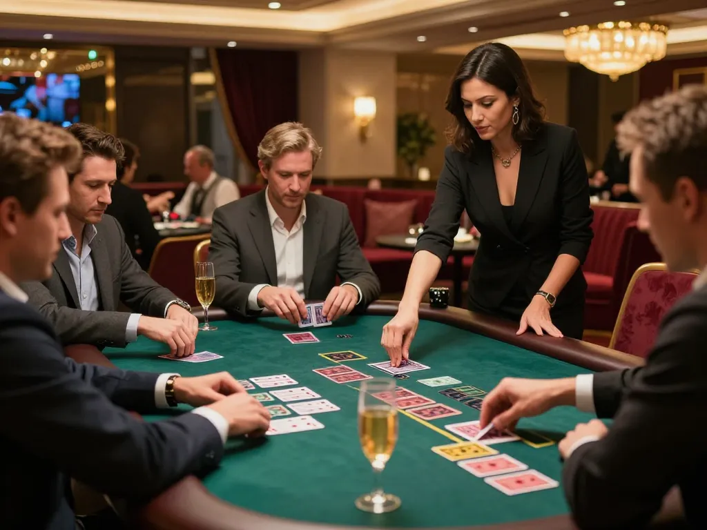 KK55 players enjoying an intense blackjack game with a professional dealer in a luxurious casino setting