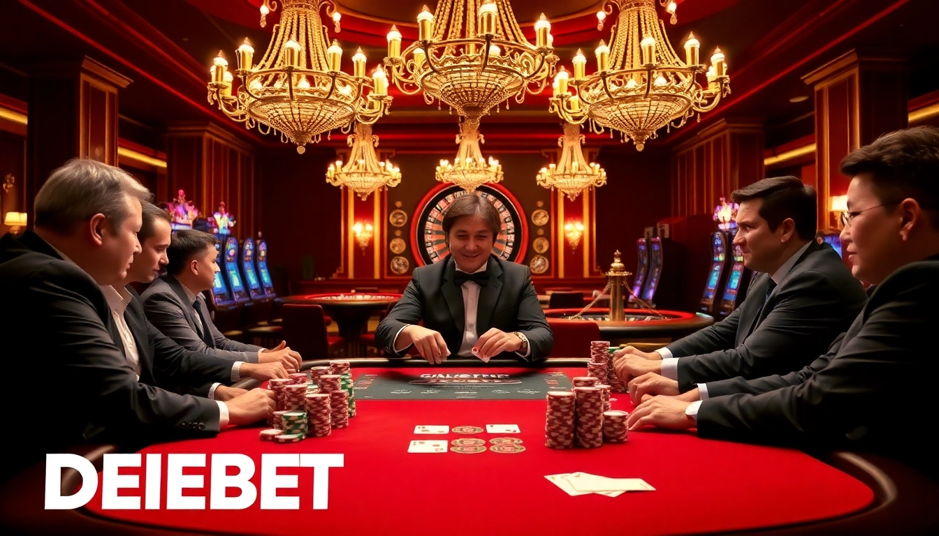 High-stakes poker action with DEBET branding on chips and tables, showcasing elite gambling.