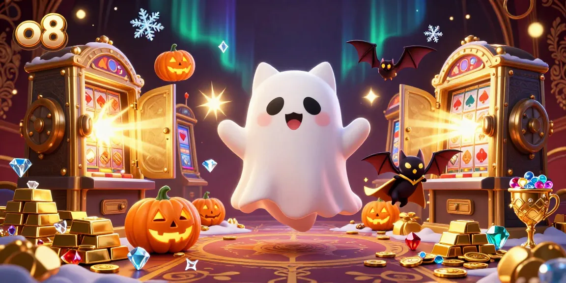 Engage in thrilling wins with o8's ghost cat in a vibrant casino scene filled with treasures.