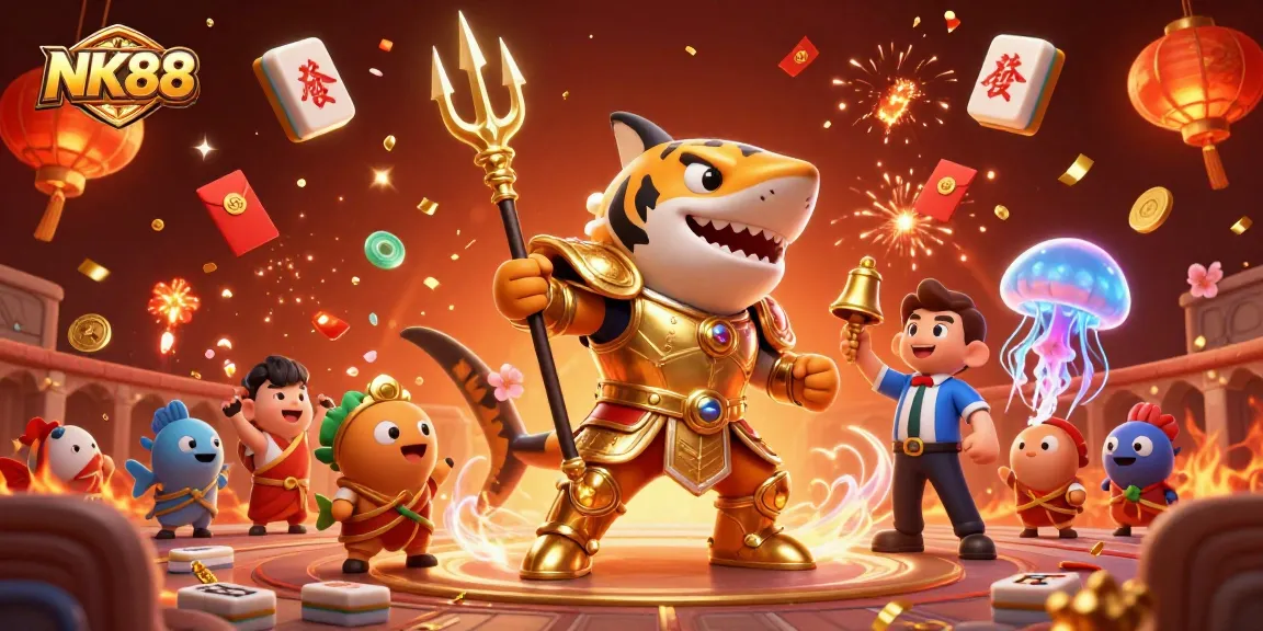 Watch the ferocious tiger shark in golden armor at NK88 unleash excitement in an underwater casino.