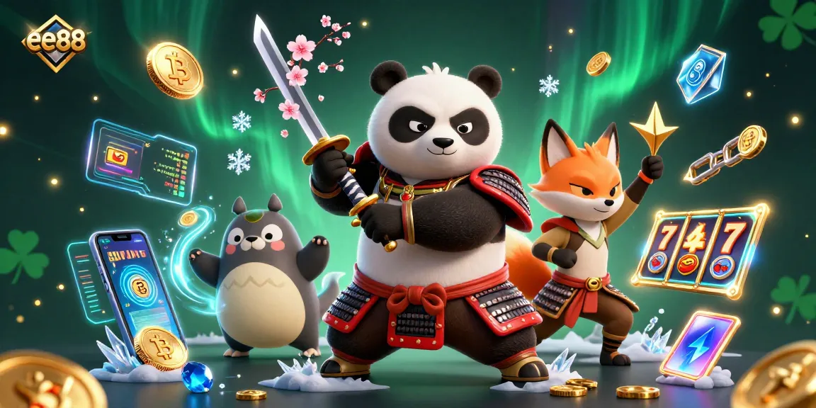 ee88 slots action with a samurai panda, ninja fox, and spirit tanuki surrounded by vibrant casino elements.