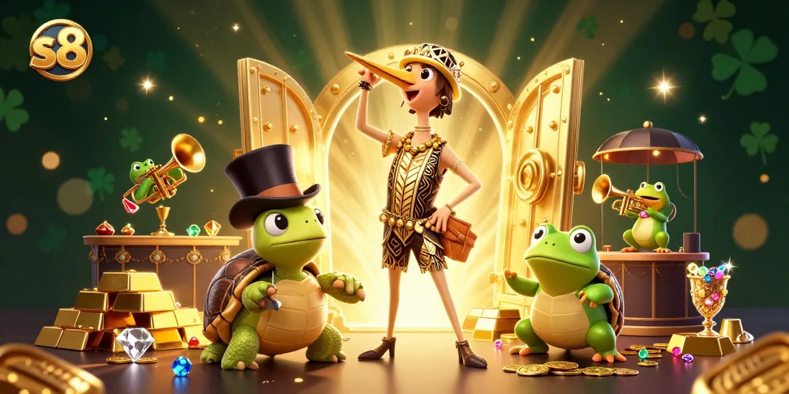 Join the fun at s8, where the vibrant characters celebrate a winning moment amidst dazzling treasures.