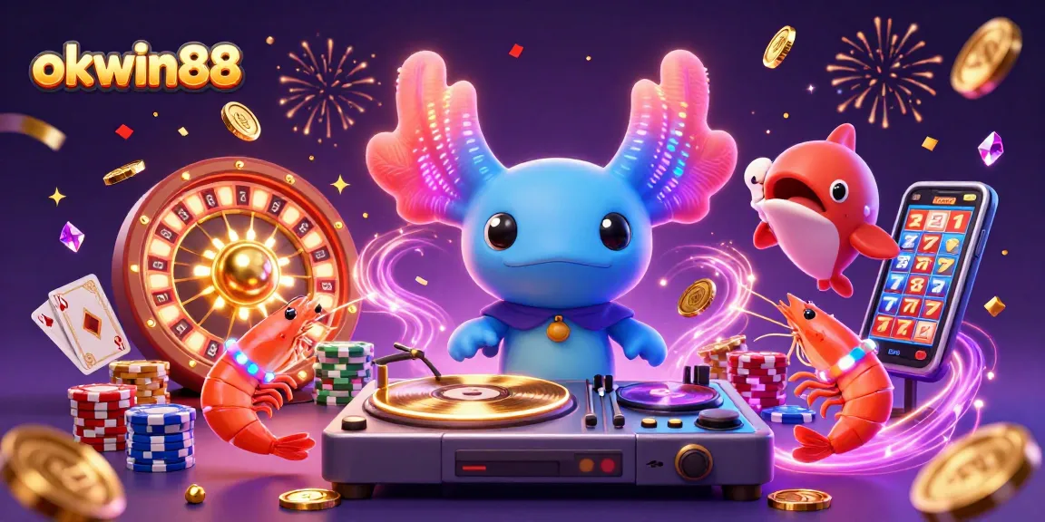 Engage in thrilling opportunities with Okwin88's vibrant casino adventure featuring neon characters and winning elements.