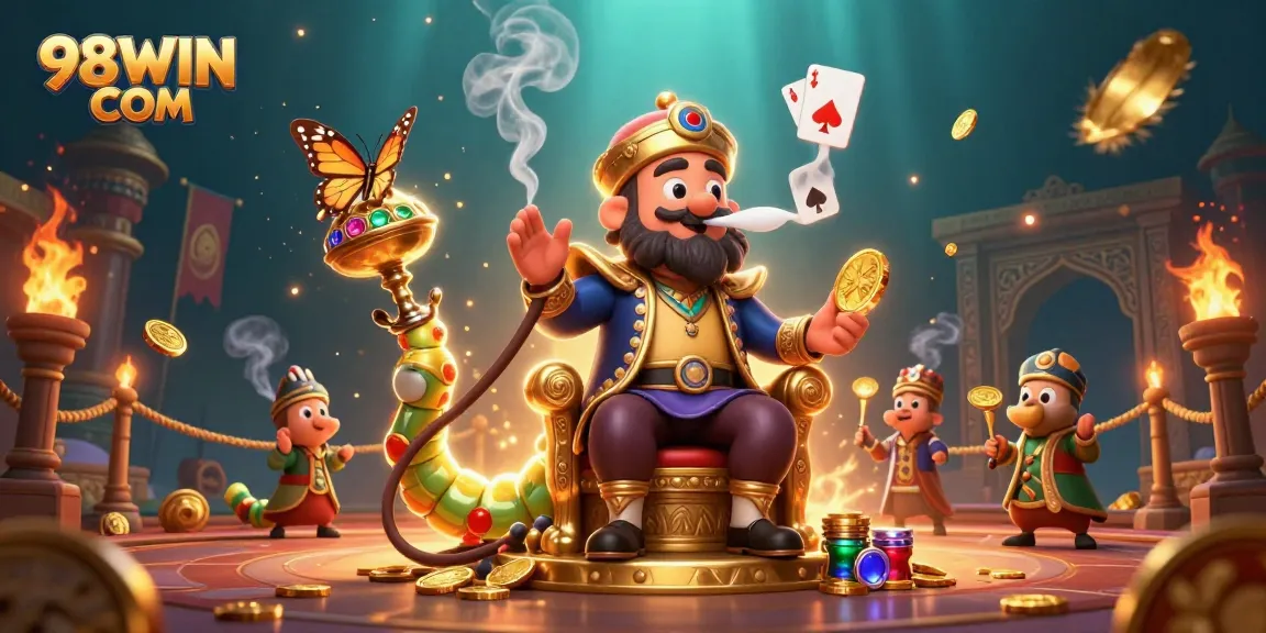 Join the action at 98WIN COM, featuring a vibrant illustration of poker symbols and gold coins in a lively casino setting.