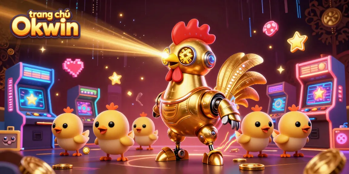 Play fun games at trang chủ Okwin featuring a golden rooster robot and baby chick drones.