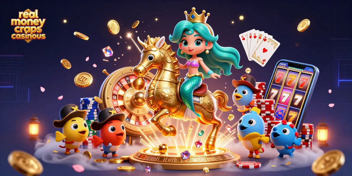 Experience real money craps casinous with vibrant 3D elements, including roulette wheels and dynamic poker chips.