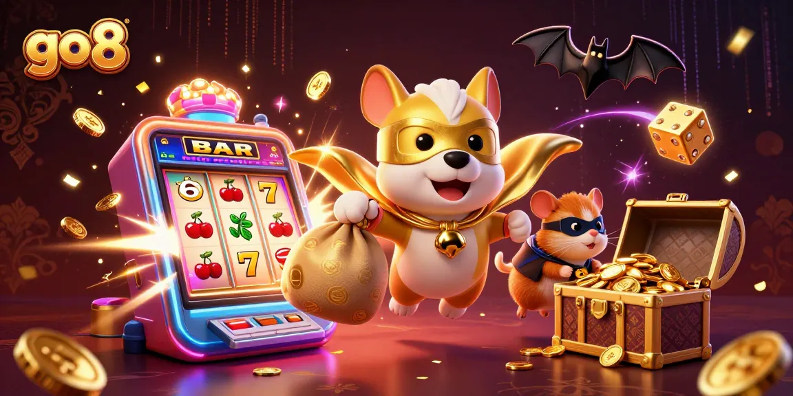 Win big with go8 in this vibrant 3D casino scene featuring a superhero dog and jackpot excitement.