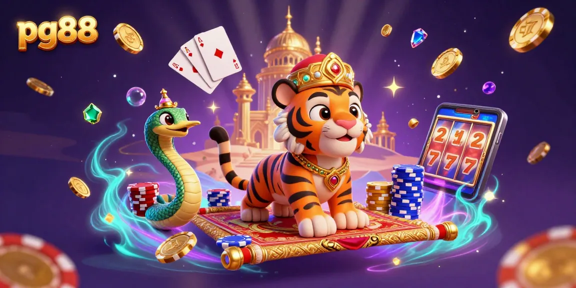 Experience thrilling gaming excitement at pg88 with a vibrant casino scene featuring a magical tiger sultan.