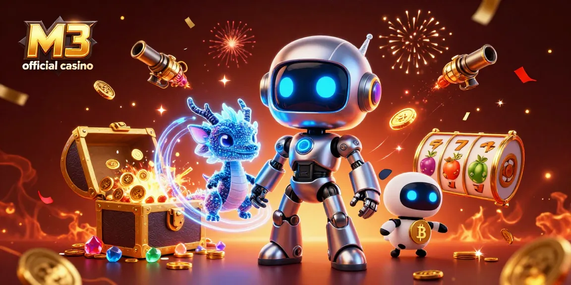 M3 official casino showcases a dynamic 3D scene with a cyberpunk robot and vibrant gambling elements.