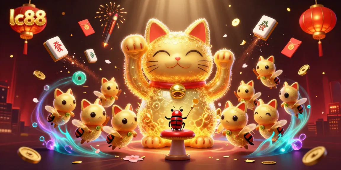 Experience the excitement of lc88 with dynamic casino symbols and a lucky cat illustration.