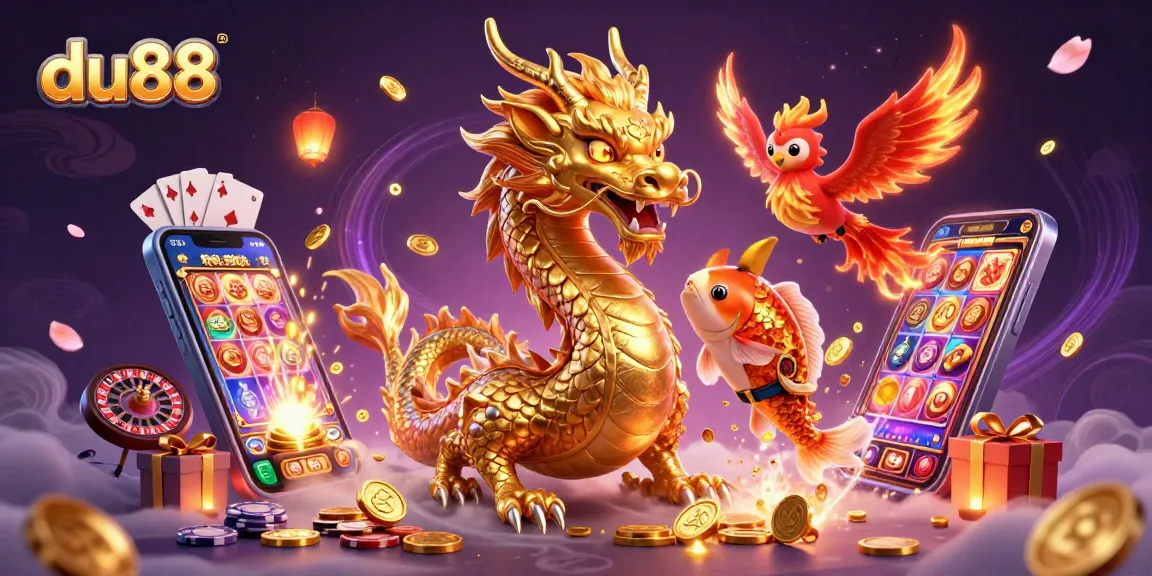 Experience thrilling gameplay at du88 with the golden dragon, phoenix, and coins cascading around.