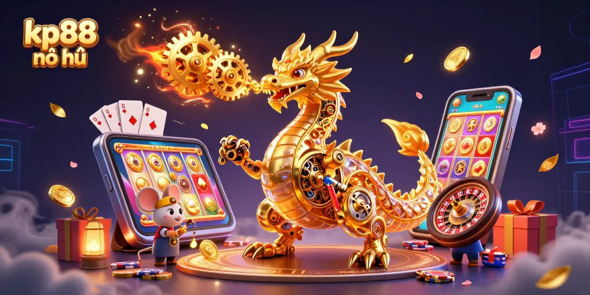 Spin and win with kp88 nổ hũ, showcasing a vibrant scene with golden dragon and casino elements.