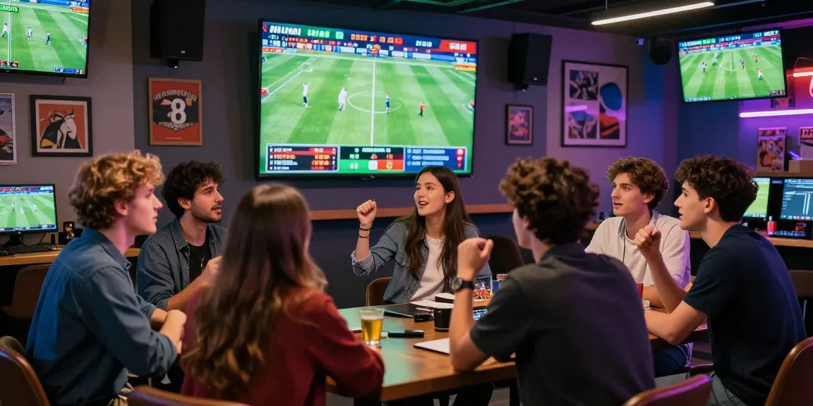 Suasana taruhan judi bola yang meriah di lounge dengan layar besar menampilkan pertandingan langsung.