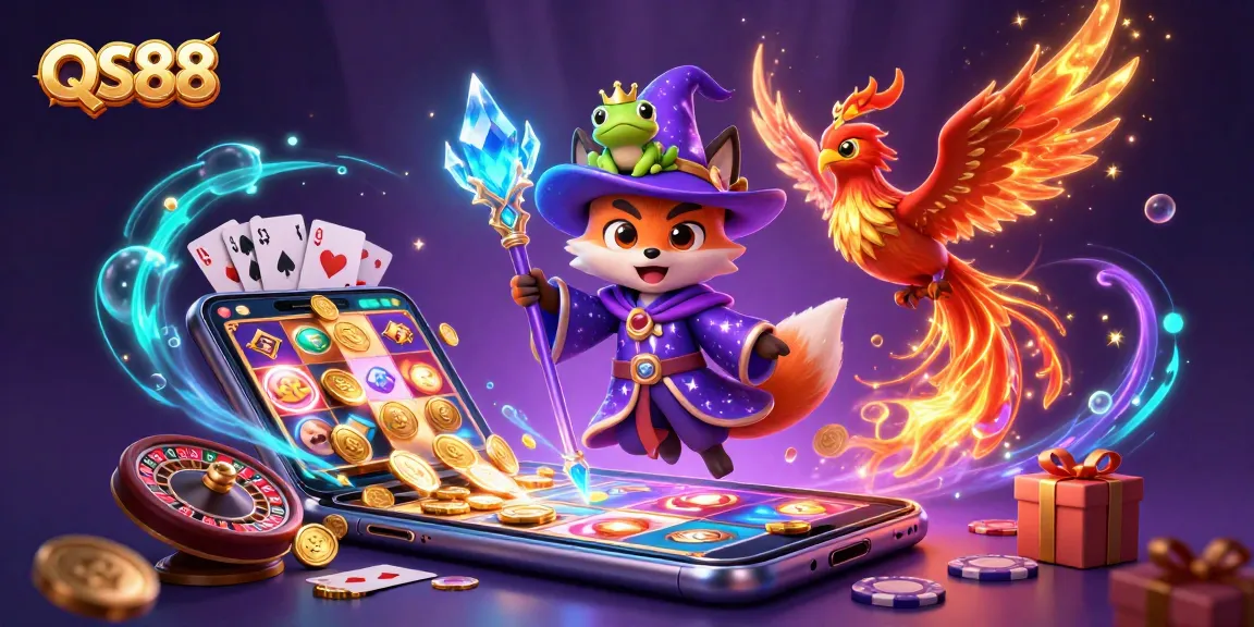 Experience the magic of QS88 with a dynamic illustration featuring a wizard fox, phoenix, and slot game action.
