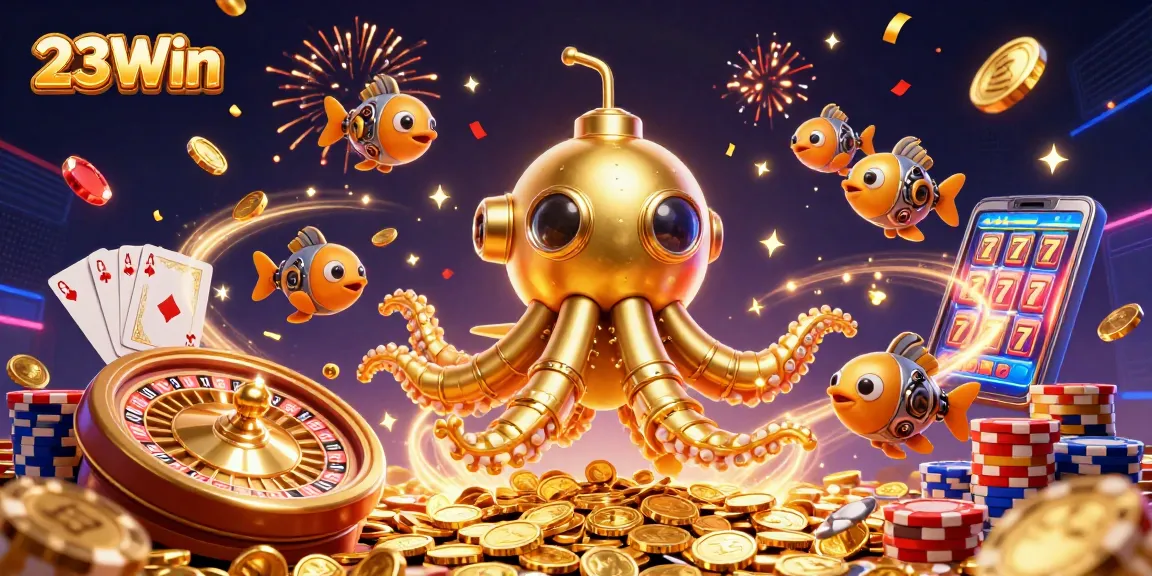 Experience thrilling gameplay with 23Win's vibrant casino scene featuring golden kraken and dynamic elements.