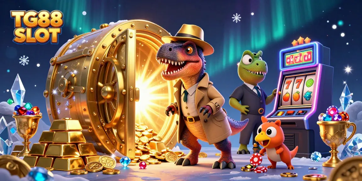Experience thrilling wins at TG88 SLOT with a cartoon velociraptor counting cards beside a stegosaurus pit boss.