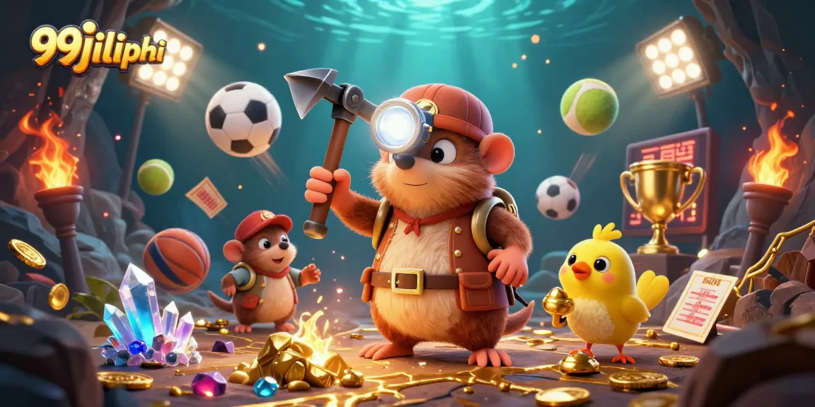 Bettors thrive with 99jiliphi as the cartoon mole collects golden nuggets in a vibrant gambling scene.