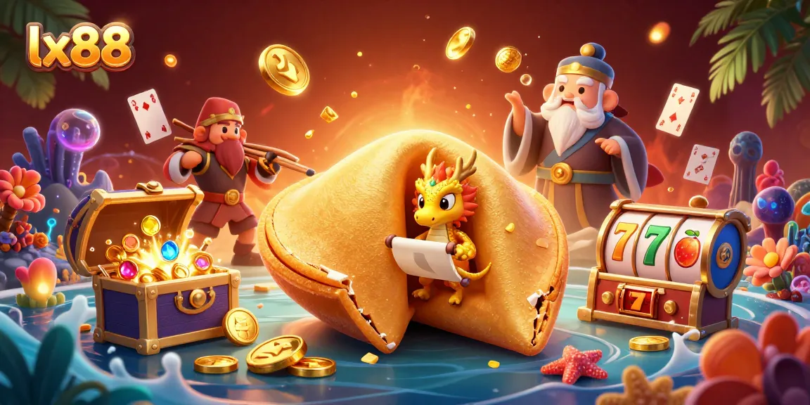 Experience the excitement of lx88 with a vibrant 3D illustration showcasing fortune cookies, game elements, and winning energy.