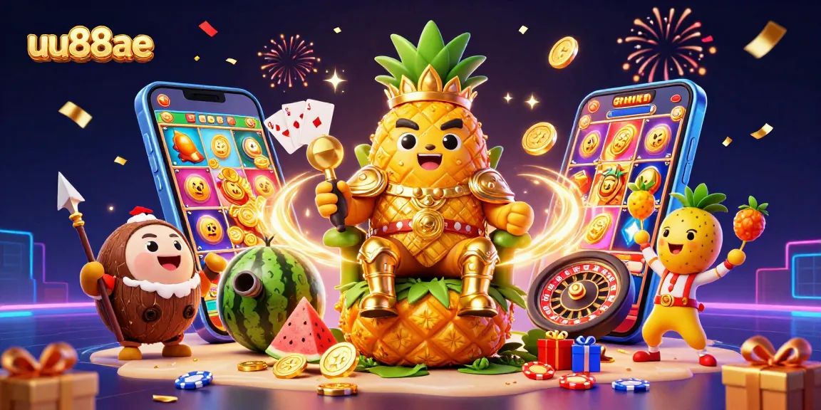 Play thrilling games at uu88ae with the golden pineapple king on a vibrant beach casino scene.