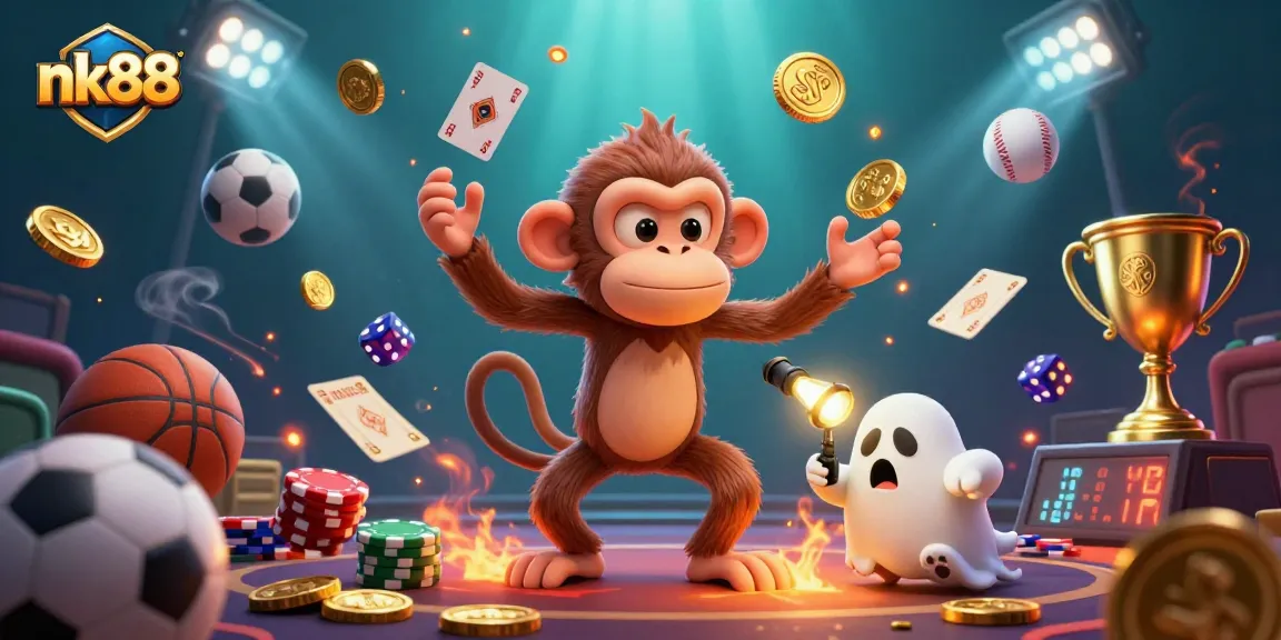 Witness nk88's vibrant haunted casino scene with a playful poltergeist monkey and curious puppy in action.