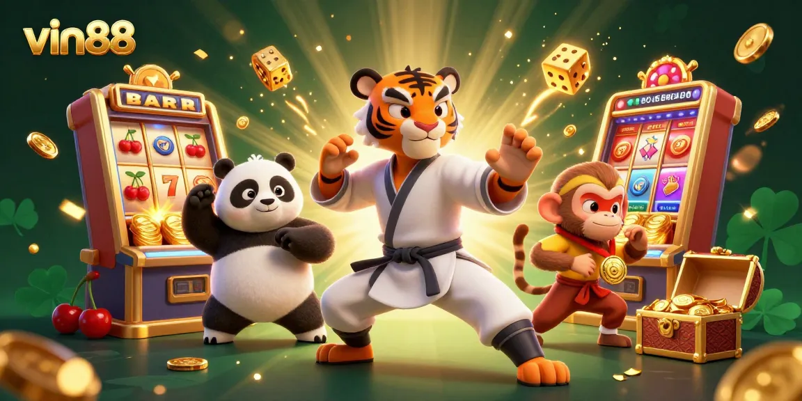Experience thrilling jackpots with vin88 in a dynamic casino scene featuring kung fu characters.